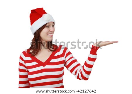 Young smiling christmas woman with hand gesture and copy space isolated over white background