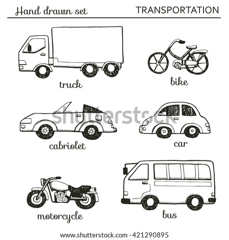 Set of cartoon transportation for child: car, bike, bus, truck, motorcycles. Hand drawn sketch illustration. 