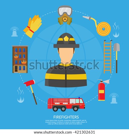 Vector flat illustration of firefighting character and infographic, axe, hook and hydrant, fire helicopter, hose, fire station, fire engine, fire alarm, extinguisher. 