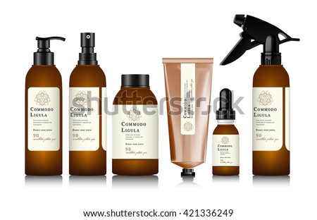Realistic brown bottle for cosmetic cream container. Spray bottle. Tube for ointment, lotion, balsam. Mock up bottle. Soap pump bottle. Gel, balsam, with design label. Cosmetic products package. Royalty-Free Stock Photo #421336249