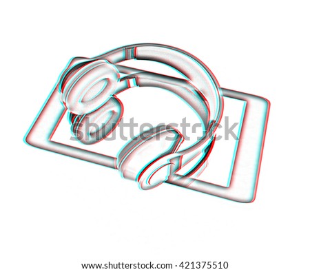 a creative cellphone with headphones isolated on white, portable audio concept . Pencil drawing. 3D illustration. Anaglyph. View with red/cyan glasses to see in 3D.
