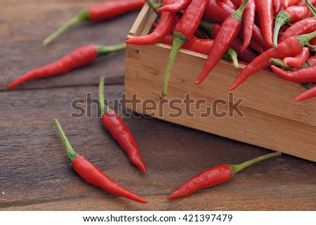 Red Hot Chili Peppers in wooden box on old wooden background, 