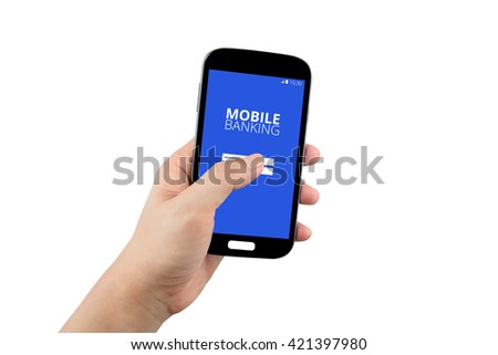 hand holding black smartphone with mobile banking on the screen isolated on white background with clipping path