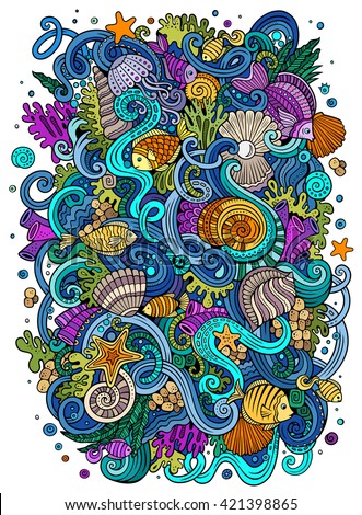 Cartoon hand-drawn doodles on the subject of Underwater life illustration. Colorful detailed, with lots of objects vector background