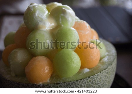 Close up the ice melon Bingsu, famous korean ice-cream.