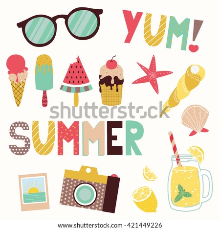 Summer vector clip art set. Funny cartoon objects and lettering: sunglasses, ice cream cones, seashells, camera, lemonade. Isolated on background.