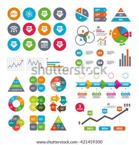 Wifi, calendar and web icons. Sale discounts icons. Special offer signs. Shopping price tag symbols. Diagram charts design.