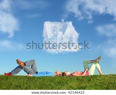 lying couple on grass and dream house collage Royalty-Free Stock Photo #42146422