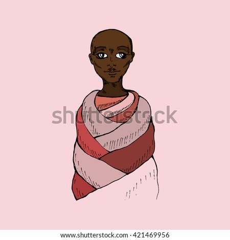 Vector illustration of bald African American girl in a bright dress