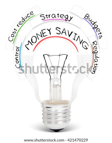 Photo of light bulb with MONEY SAVING conceptual words isolated on white