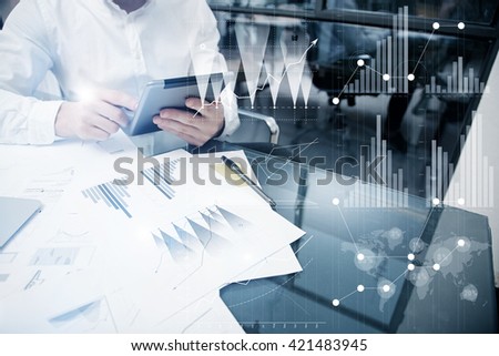 Photo Analytics Department working Market Charts.Trade Manager work process.Use Digital devices.Graphic icon,Worldwide Online Stock Exchanges Interface on Screen.Business Project Startup.Film Effect.