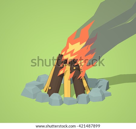 Campfire against the green background. 3D lowpoly isometric vector illustration