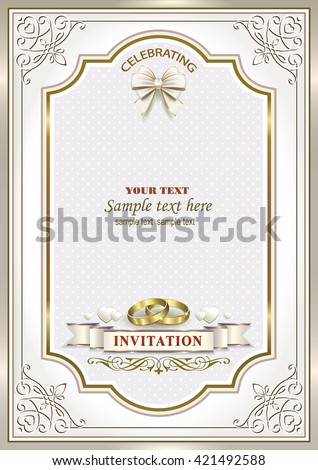 Wedding invitation card with rings in a frame with an ornament