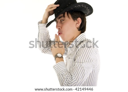   Young man  wearing cowboy hat isolated on white