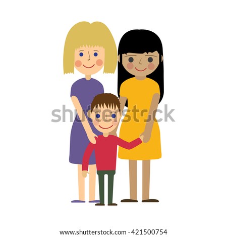 Female gay family with child. Homosexual parenting. Two women and son standing, smiling and holding hands. Isolated vector illustration on white background.