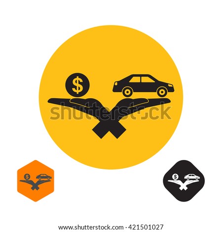 Icon with the crossed hands holding the car and a symbol of a coin dollar. The concept of a good bargain with the vehicle. A vector illustration in flat style.