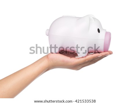 hand holding Piggy bank style money box isolated on white background