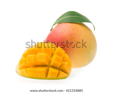 slice mango with leaf isolated on white background