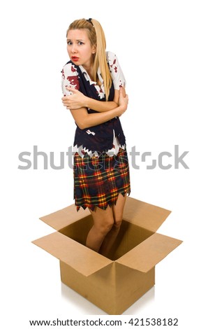 Woman with cardboard box isolated on white