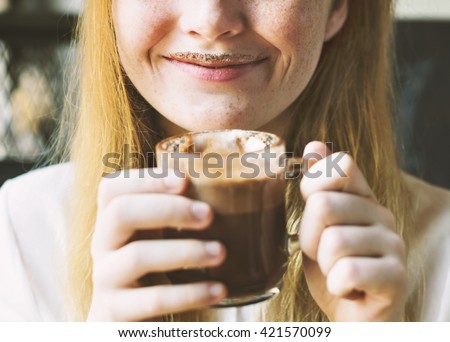 Youth Woman Drinks Hot Chocolate Tasty Concept