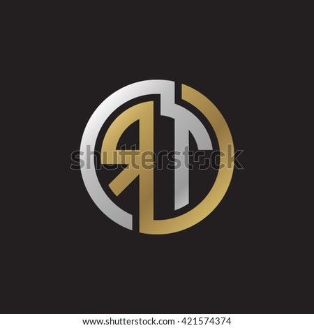 RT initial letters looping linked circle elegant logo golden silver black background