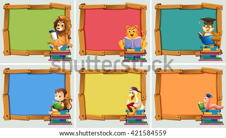 Wooden frames with animals reading books illustration