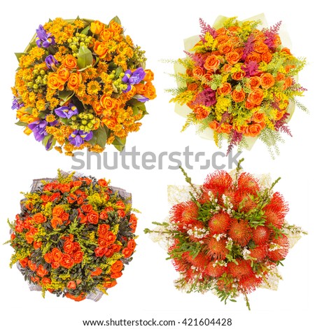 Top view of four colorful flower bouquets 