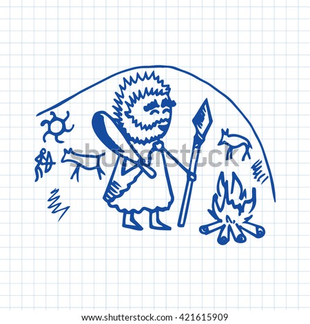 Doodle illustration of a Caveman and cave paintings on graph paper. Vector background.