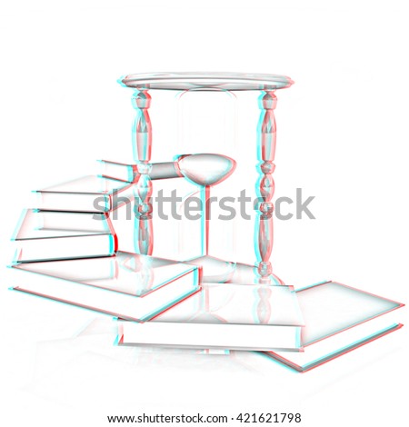 Hourglass and books on a white background. Pencil drawing. 3D illustration. Anaglyph. View with red/cyan glasses to see in 3D.