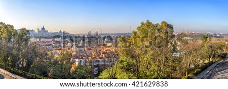 Sunrise panorama of Madrid with Royal Palace and  Almudena Cathedral