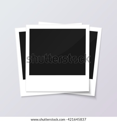 Stack of blank vintage paper photo frames from instant camera with shadow isolated on gray background for images. realistic vector illustration of photoframe with space for images and photos.