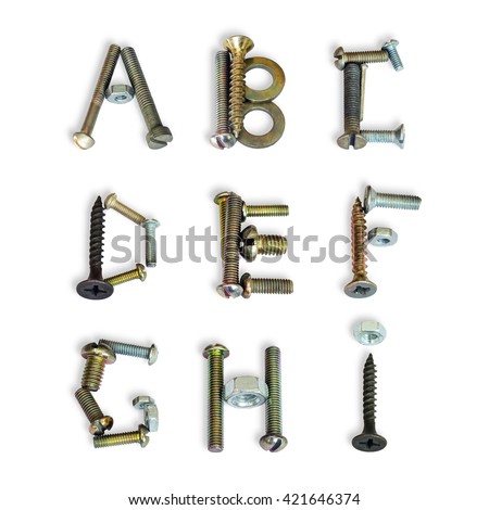Letters A - I. Alphabet made of used fasteners on white background