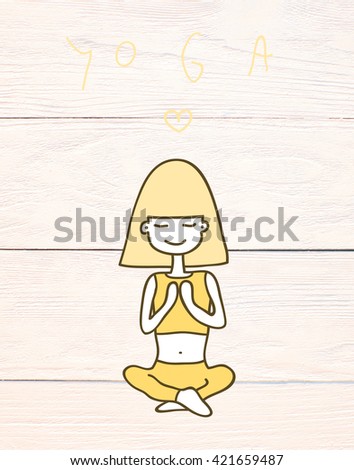 cute girl sitting in the pose of yoga, closing her eyes, she meditates. 