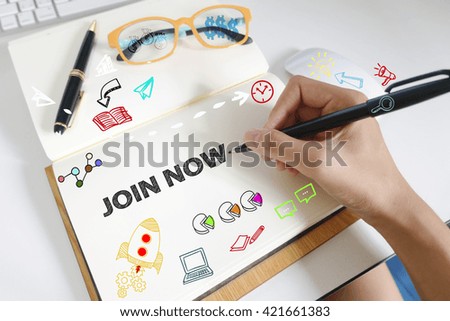 drawing icon cartoon with JOIN NOW  concept on paper in the office 