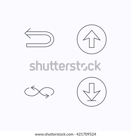 Arrows icons. Download, repeat and shuffle linear signs. Upload, back arrow flat line icons. Flat linear icons on white background. Vector