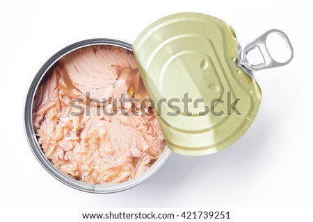 canned tuna isolated on white / Canned soy free albacore white meat tuna packed in water / open tuna tin on a white background Royalty-Free Stock Photo #421739251