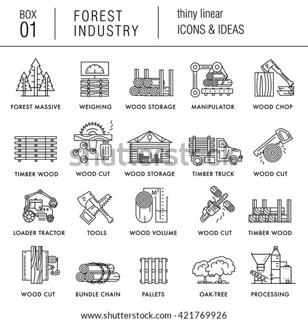 The forest industry in the modern linear style icons with various sectors, leaves, trees, pallets, machinery, machine tools, storage, tools and others. Realistic style with the best modern ideas Royalty-Free Stock Photo #421769926
