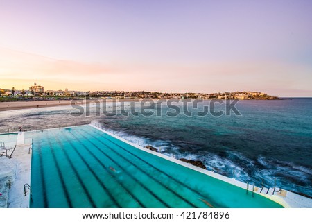 View of Bondi Beach in Sydney from Bondi Icebergs Pool. Royalty-Free Stock Photo #421784896