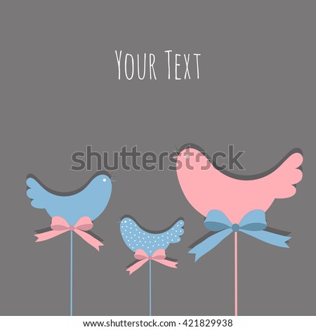 Vector template of poster or banner for life events.Card with decorative birds and bows. Invitation template with family of birds - a mother,father and child