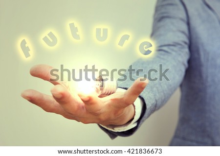 hand action symbol on business suit means business actions or activities use for empower,encourage,work,business, or present work,business,products with light bulb and word " future "