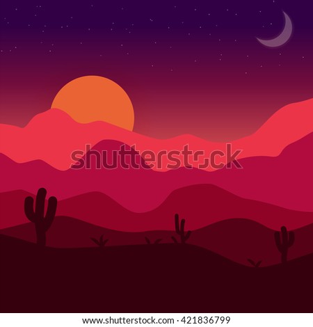 Desert sunset. Vector mexican landscape illustration with cactuses, dunes, rocks, sun and moon in red, orange and purple colors. Flat vector illustration of desert landscape