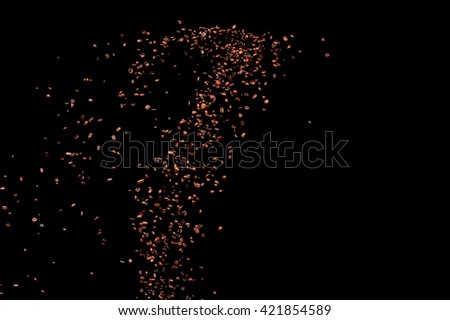 Flying coffee beans isolated on black background. Roasted coffee grains explosion.