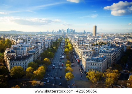 skyline of Paris city place de lEtoile towards La Defense district, France, retro toned