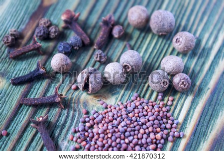 Kitchen spices on wooden background: mustard seeds, cloves spice, black pepper, allspice berries. Soft focus