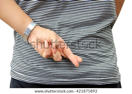 lying fake hand Fingers Crossed on white background