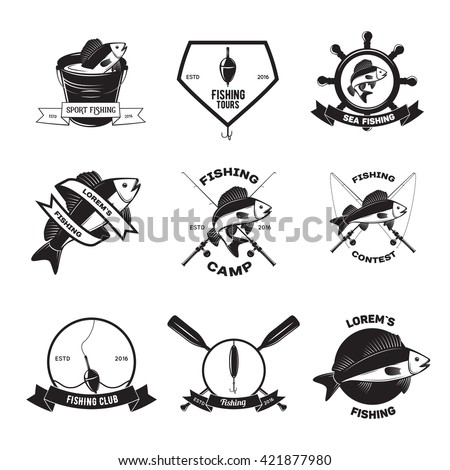 Set of vintage fishing labels, badges and design elements. Vintage vector illustration.