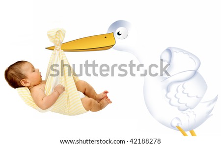 Stork carrying a baby isolated ove a white background Royalty-Free Stock Photo #42188278