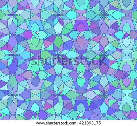 Seamless pattern with stained glass ornament in blue colors. Colorful kaleidoscope background. Vector illustration