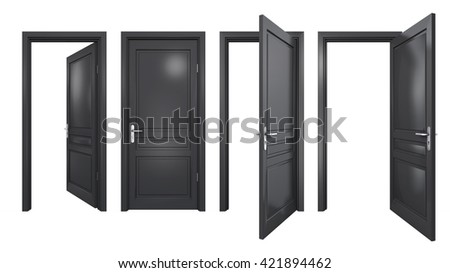 Collection of isolated black doors, 3D rendering
