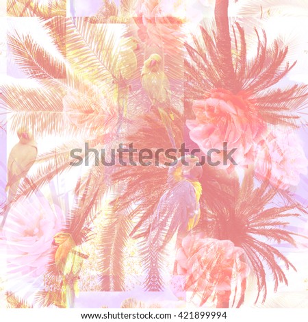 Tropical pattern seamless with palm leaves, roses and parrots on a tropical background. Palm trees on a colorful backdrop. Gorgeous photo collage - clip-art with slow focus and layers effect.